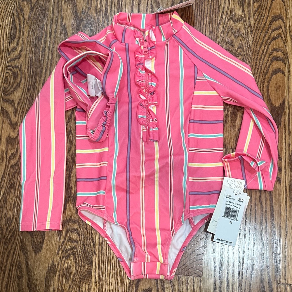 Pink Striped Long Sleeve Swimsuit with Ruffles
